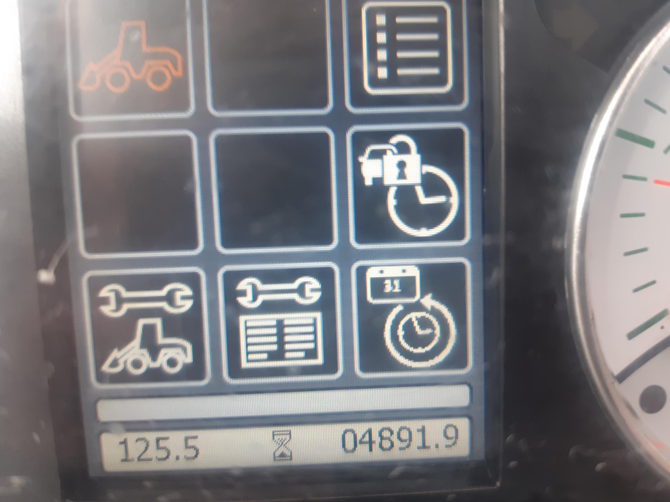 A dashboard screen displays various icons, including a backhoe loader, a list, a clock with a lock, two wrenches, a calendar with a clock, another backhoe loader icon, and another list. Below the icons, there is a digital display showing 125.5 and 04891.9 with an hourglass icon.