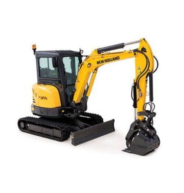 Une excavatrice compacte jaune vif avec une cabine noire, des chenilles noires et un bras avant étiqueté « New Holland ». La machine est équipée d'un godet de creusement à l'extrémité de son bras articulé et est conçue pour les tâches de construction et d'excavation.