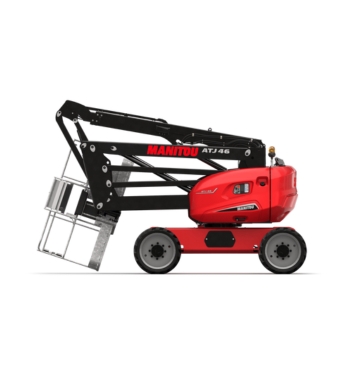 Nacelle articulée Manitou ATJ 46 rouge, conçue pour les travaux en hauteur. La nacelle est dotée d'un long bras extensible avec un panier à l'extrémité pour transporter le personnel et les outils, et est montée sur des roues robustes pour plus de mobilité.