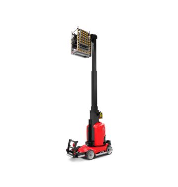 Un élévateur mobile compact rouge avec un bras vertical extensible, supportant une plate-forme surélevée ou un rack conçu pour contenir des articles. L'élévateur est positionné dans un état étendu, mettant en valeur sa capacité de hauteur maximale, et dispose de roues pour une maniabilité aisée.