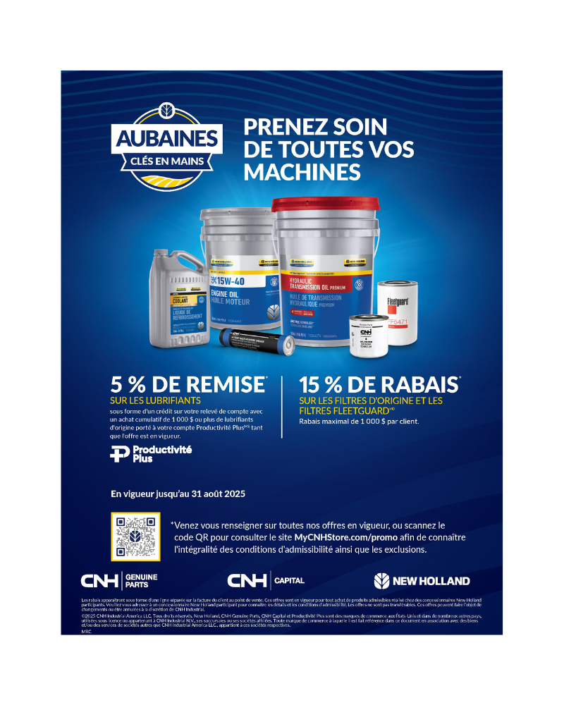 Affiche promotionnelle pour les lubrifiants et filtres New-Holland, présentant des huiles moteur, des graisses et des filtres. Profitez des promotions Avantis : 5 % de réduction sur les lubrifiants et 15 % sur les filtres d'origine et Fleetguard jusqu'au 31 août 2025.