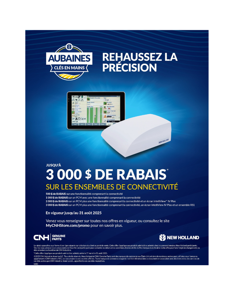 Une publicité française mettant en vedette un appareil de connectivité et une tablette blancs sur fond bleu, présentant les promotions et rabais New-Holland Avantis jusqu'à 3 000 $, valides jusqu'au 31 août 2023.