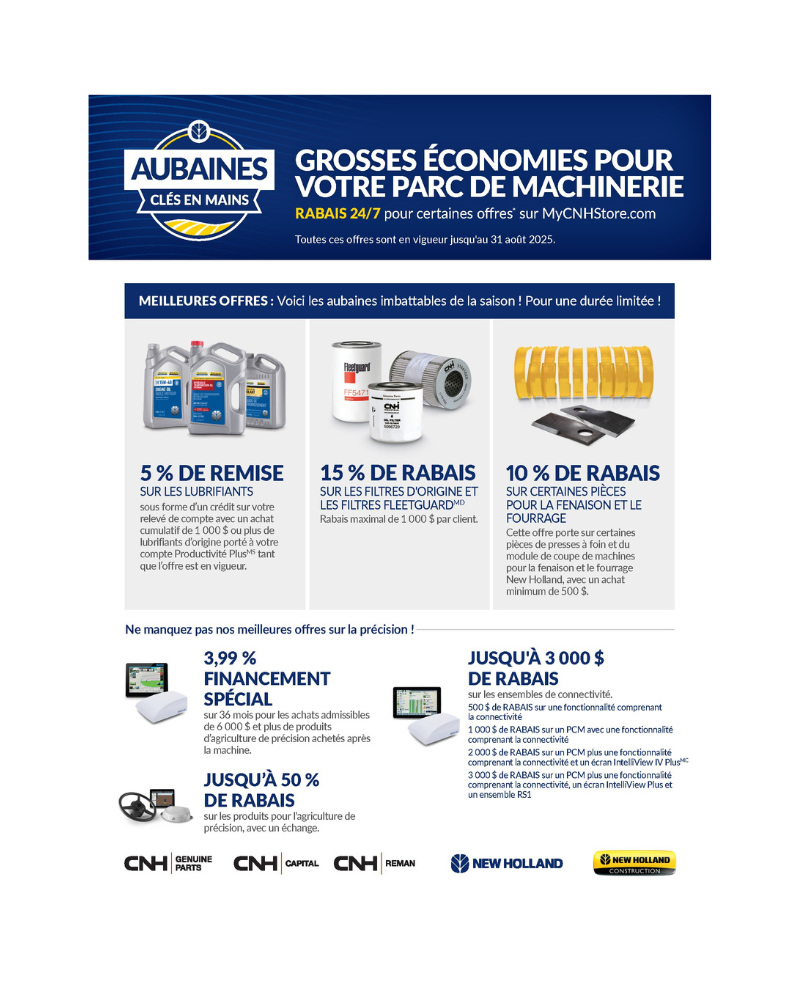 Flyer pour la vente de pièces de machines avec promotions et rabais : 5% sur lubrifiants, 15% sur filtres à huile, 10% sur batteries sélectionnées. Infos financement, contacts, logos de New-Holland, Avantis et autres marques partenaires.