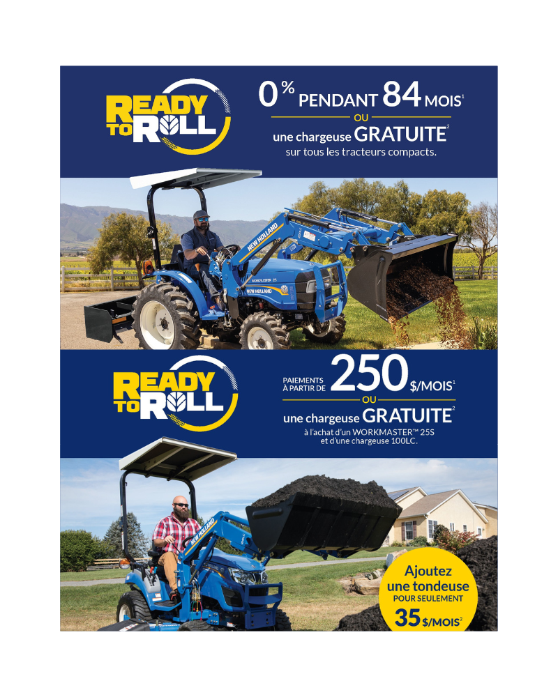 Deux tracteurs compacts New-Holland Avantis bleus avec chargeurs sont présentés, l'un soulevant du foin et l'autre déversant de la terre. Le texte en français met en avant les promotions, les rabais, les chargeurs gratuits et l'option tondeuse à 35 $/mois dans le cadre de l'offre « Prêt à rouler ».