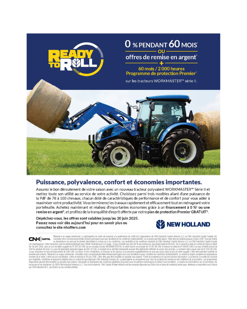 Un tracteur bleu New Holland WORKMASTER soulève une grosse balle de foin avec son chargeur frontal sur un champ herbeux. Texte en français présente les promotions rabais Avantis et les caractéristiques du tracteur.