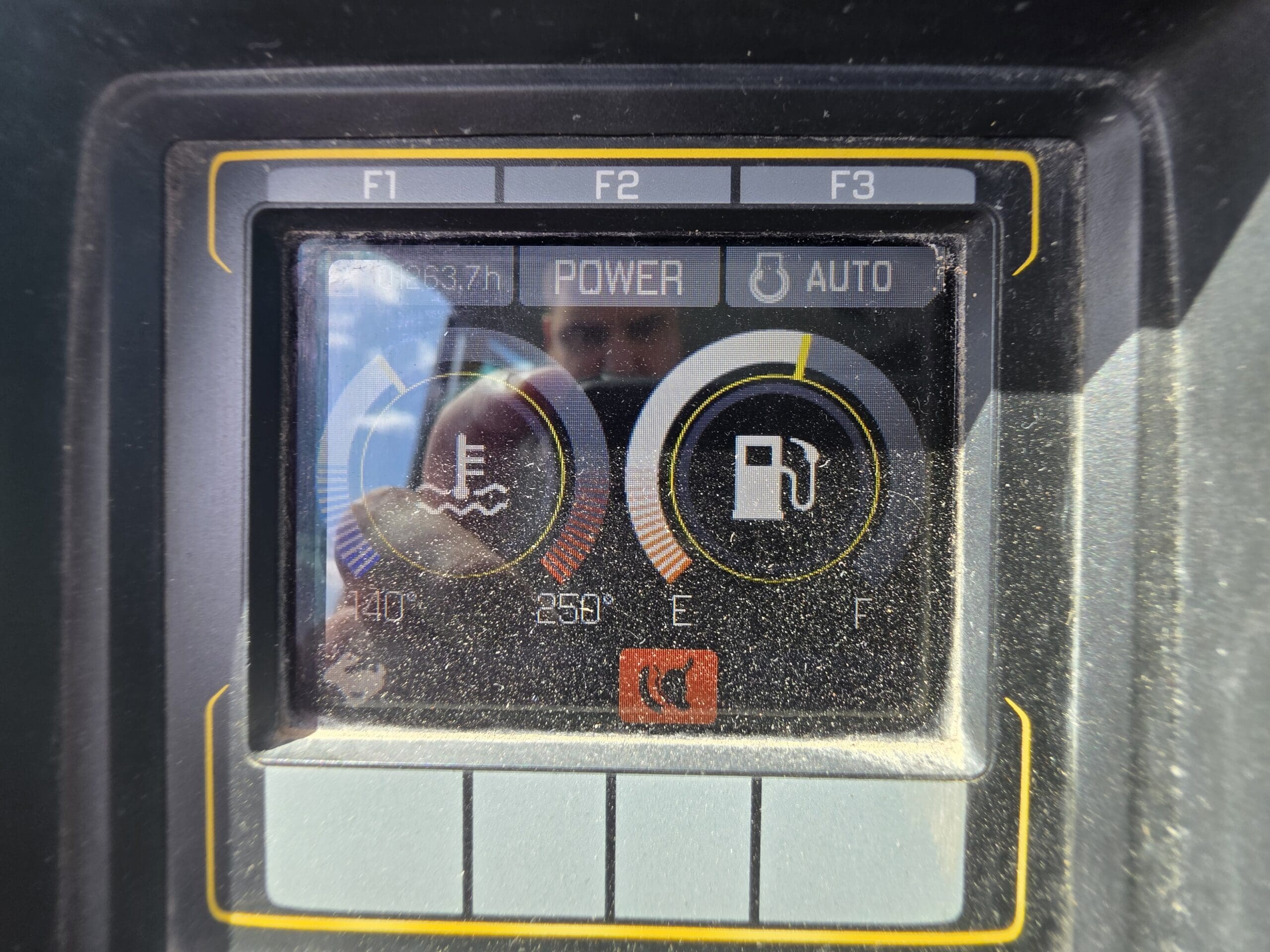Gros plan sur le tableau de bord d'un véhicule poussiéreux montrant les jauges de température et de carburant. La jauge de température est proche de la valeur maximale et la jauge de carburant est presque vide. Les indicateurs