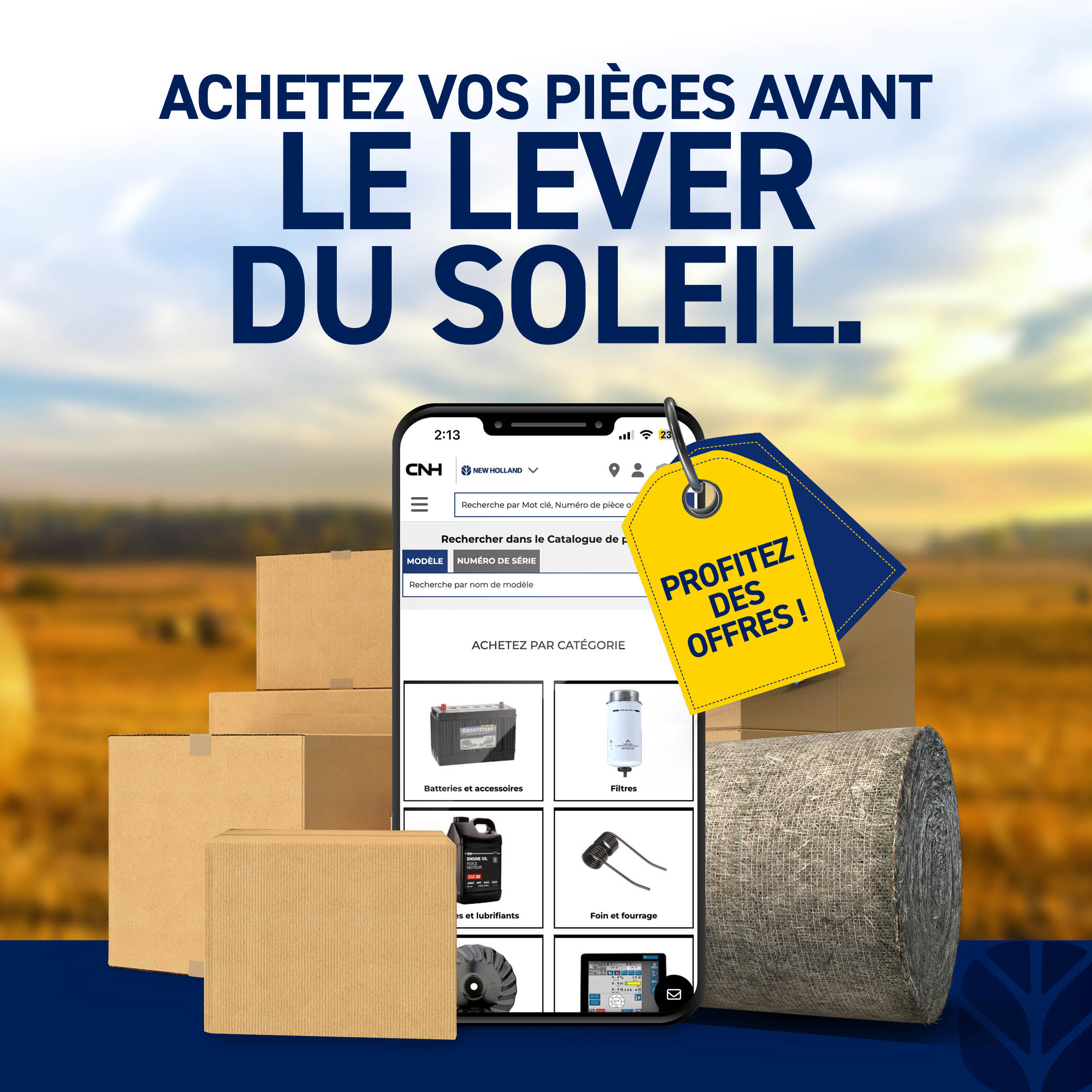 Une image promotionnelle montre des boîtes, un rouleau de matériel et un smartphone affichant un catalogue de pièces détachées, avec une étiquette jaune indiquant 