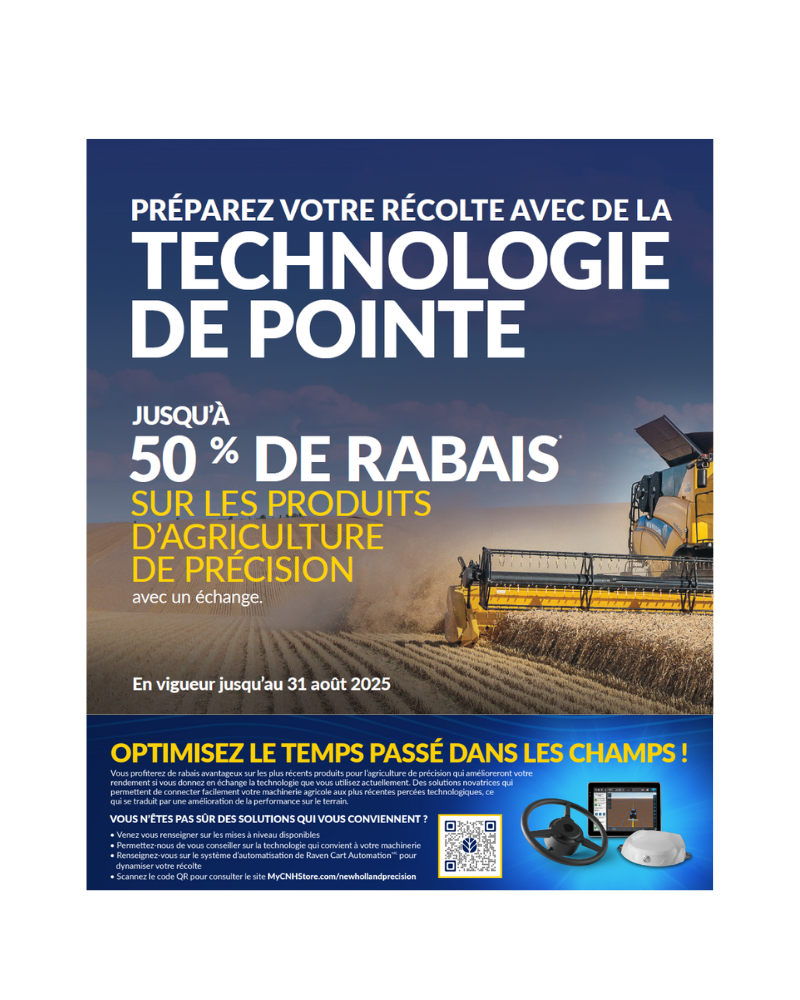 Une moissonneuse-batteuse moderne New-Holland travaille dans un champ de blé sous un ciel bleu. Le texte en français met en avant les promotions Avantis et les rabais allant jusqu'à 50 % sur les produits d'agriculture de précision.