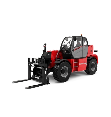 Un chariot télescopique Manitou rouge avec de gros pneus noirs et une fourche allongée, conçu pour soulever et déplacer des matériaux lourds, est représenté isolé sur un fond blanc.