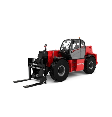 Un char rouge télescopique Manitou avec de gros pneus noirs et deux fourches allongées, vu de biais sur fond blanc.