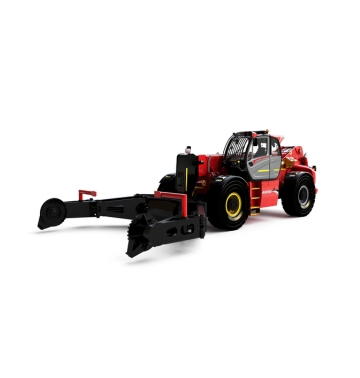 Chariot télescopique Manitou rouge avec de gros pneus noirs et un bras étendu, isolé sur fond blanc. Ce véhicule comporte des accents jaunes et une cabine de protection pour l'opérateur.