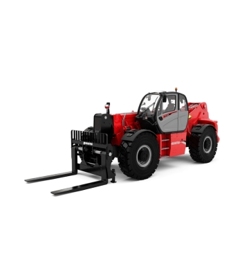 Un char rouge télescopique Manitou avec de gros pneus et des fourches noires allongées, conçu pour soulever et déplacer des matériaux lourds, est présenté sur un fond blanc.