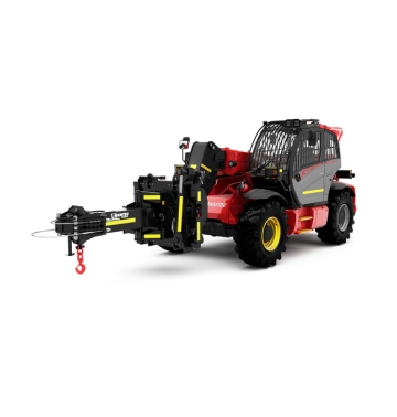 Chariot télescopique Manitou rouge avec de gros pneus noirs, une cabine fermée et une flèche déployée avec un crochet d'attache, vu de face sur fond blanc.