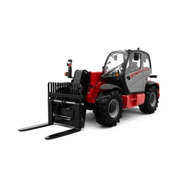 Ce chariot télescopique Manitou rouge et noir, équipé de gros pneus et d'une fourche avant, est conçu pour soulever et déplacer des matériaux sur les chantiers de construction.