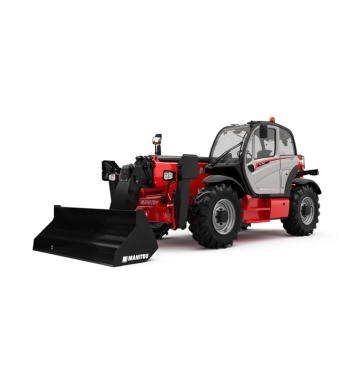 Un char télescopique Manitou rouge et gris avec de gros pneus et une benne frontale est positionné sur un fond blanc uni.