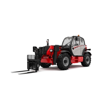 Chariot télescopique rouge et gris à gros pneus et cabine fermée, ce chariot télescopique Manitou est équipé de fourches de levage noires à l'avant, conçues pour la manutention de charges lourdes dans les secteurs de la construction ou de l'industrie.