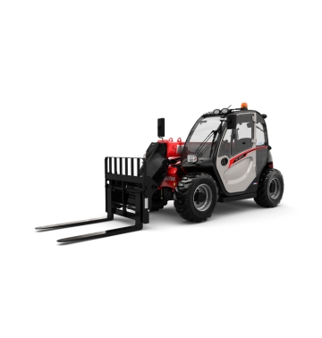 Un chariot élévateur rouge et noir avec de gros pneus et une cabine fermée, doté de fourches étendues à l'avant, ressemble aux robustes chariots télescopiques Manitou, isolé sur un fond blanc.