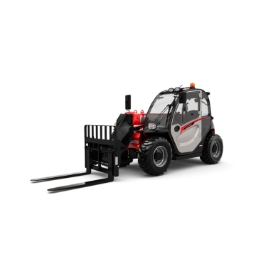 Chariot élévateur à fourche Manitou rouge et noir avec de gros pneus, une cabine fermée et deux fourches avant déployées, isolé sur fond blanc.