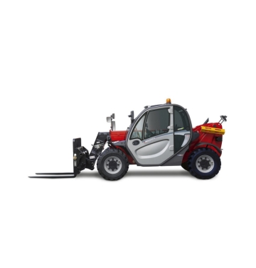 Chariot télescopique Manitou rouge et gris avec cabine fermée, deux roues avant, deux roues arrière et fourches déployées, isolé sur fond blanc.