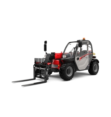 Un char télescopique Manitou rouge et gris à gros pneus et à cabine fermée est vu de biais depuis l'avant gauche, les fourches étendues vers l'extérieur.