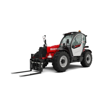 Un chariot télescopique Manitou rouge et gris avec de gros pneus noirs et des fourches de chariot élévateur étendues est représenté sur un fond blanc.