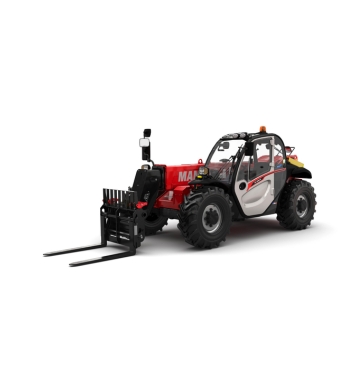 Un char télescopique Manitou rouge et noir avec de gros pneus, une cabine fermée et de longues fourches de levage à l'avant, orienté légèrement vers la gauche sur un fond blanc.