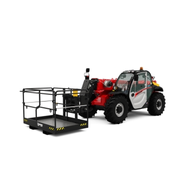 Chariots télescopiques Manitou rouge et blanc avec une grande plate-forme de travail noire à l'avant, conçue pour le levage de personnes ou de matériaux. Le véhicule est équipé de gros pneus et d'une cage de protection sur la plate-forme.