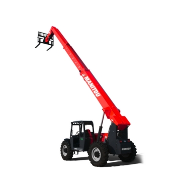 Un chariot télescopique Manitou rouge avec de gros pneus et une flèche allongée se terminant par un chariot élévateur, mettant en valeur la puissance des chariots télescopiques Manitou sur un fond blanc.
