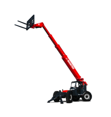 Chariot télescopique Manitou rouge avec une flèche déployée et un chariot élévateur, soutenu par des stabilisateurs, isolé sur un fond blanc.