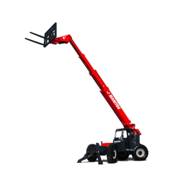 Chariot télescopique Manitou rouge avec flèche déployée et fourches à palettes relevées, équipé de gros pneus et de stabilisateurs, isolé sur fond blanc.