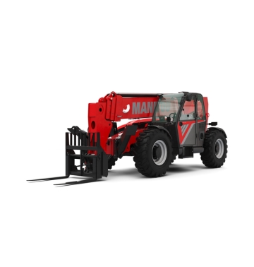 Un chariot télescopique rouge avec de gros pneus noirs et la marque