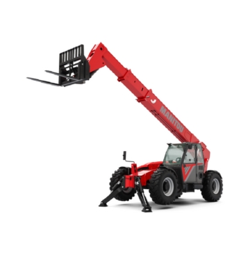 Un chariot télescopique Manitou rouge avec de gros pneus noirs et une flèche allongée soulève des fourches à palettes. La machine est équipée de pieds stabilisateurs déployés et porte l'inscription