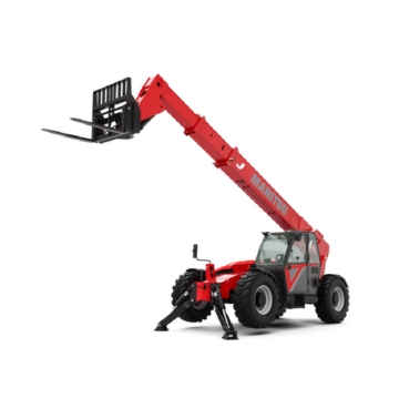 Chariot télescopique Manitou rouge avec flèche déployée et fourches relevées, doté de gros pneus et de stabilisateurs, isolé sur fond blanc.