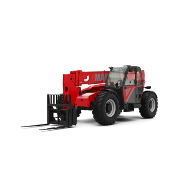 Chariot élévateur à fourche Manitou rouge et noir avec de gros pneus et une cabine fermée, orienté légèrement vers la droite, isolé sur un fond blanc.