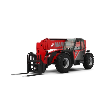 Un chariot télescopique Manitou rouge avec de gros pneus noirs et des fourches allongées, vu de l'avant gauche. La machine est équipée d'une cabine pour l'opérateur et la marque