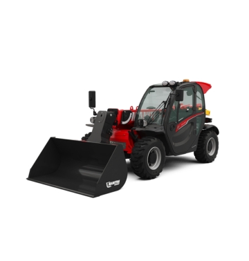 Véhicule de chantier Manitou à chariots télescopiques rouge et noir, équipé d'un grand godet de chargeur frontal, vu de l'avant gauche sur fond blanc.