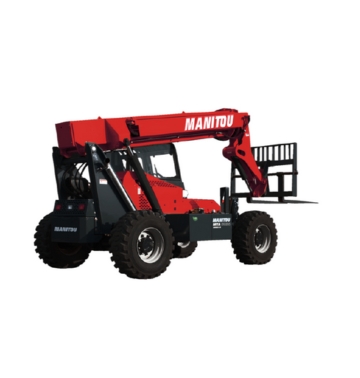 Chariot télescopique Manitou rouge et noir, doté de gros pneus et d'une flèche extensible surélevée équipée de fourches, ce modèle illustre la robustesse et la polyvalence des chariots télescopiques Manitou pour le levage et le déplacement de matériaux lourds.