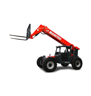 Chariot télescopique Manitou rouge, faisant partie de la gamme de chariots télescopiques Manitou, avec de gros pneus et un bras de levage allongé à deux branches pour la manutention de palettes ou de matériaux.