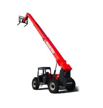 Un char rouge télescopique Manitou avec une longue flèche allongée et un chariot élévateur à l'extrémité, avec de gros pneus noirs et le mot