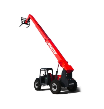 Un chariot télescopique Manitou rouge de la gamme des chariots télescopiques Manitou, doté d'une flèche allongée et d'une fourche à palettes, est présenté sur un fond blanc.