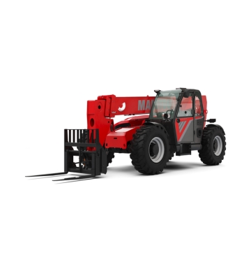 Un chariot élévateur à fourche Manitou rouge et noir avec de gros pneus et des fourches de levage étendues est représenté sur un fond blanc.