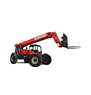 Un char rouge télescopique Manitou avec de gros pneus et une flèche allongée, équipée d'une fourche, est isolé sur un fond blanc.