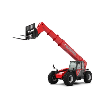 Chariots télescopiques Manitou de couleur rouge avec de gros pneus et une flèche télescopique allongée se terminant par des fourches de chariot élévateur, isolés sur un fond blanc.