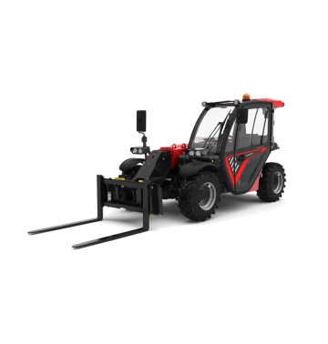 Un chariot élévateur tout-terrain rouge et noir avec une cabine fermée et deux longues fourches avant, semblable aux chariots télescopiques durables Manitou, conçu pour les tâches de levage en extérieur et les travaux lourds.