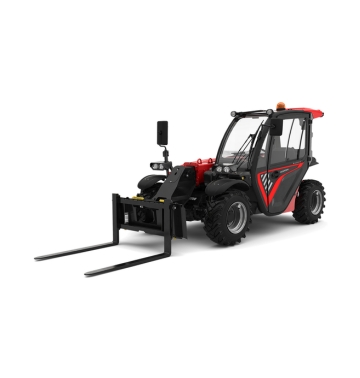 Un chariot télescopique Manitou rouge et noir avec de gros pneus et une cabine fermée, doté de fourches avant allongées pour le levage et le déplacement de matériaux.