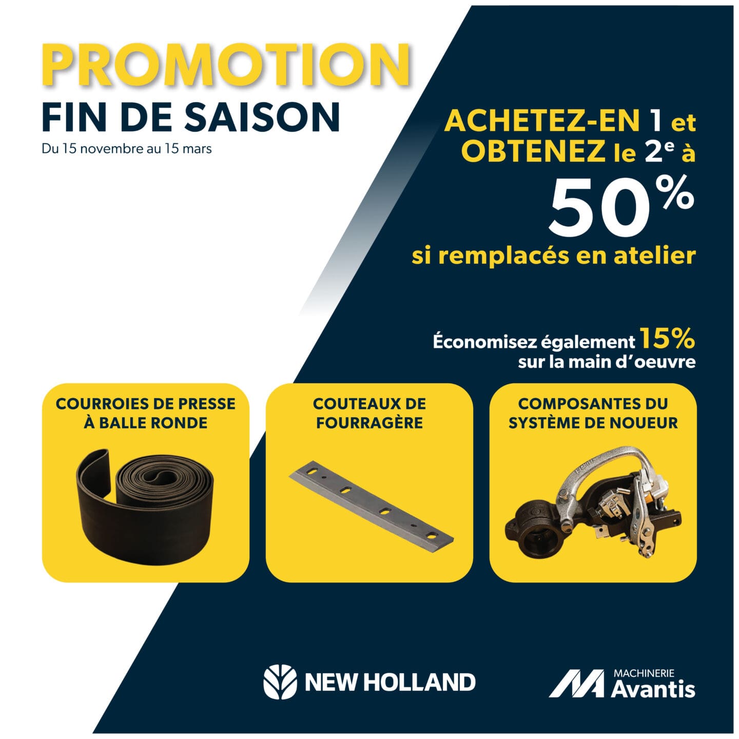 Prospectus promotionnel pour New Holland et Machinerie Avantis présentant des remises sur les courroies de presses à balles rondes, les couteaux à ensilage et les composants de noueurs. L'offre comprend l'achat d'un produit, l'obtention du second à 50 % de réduction et 15 % de réduction sur la main d'œuvre.