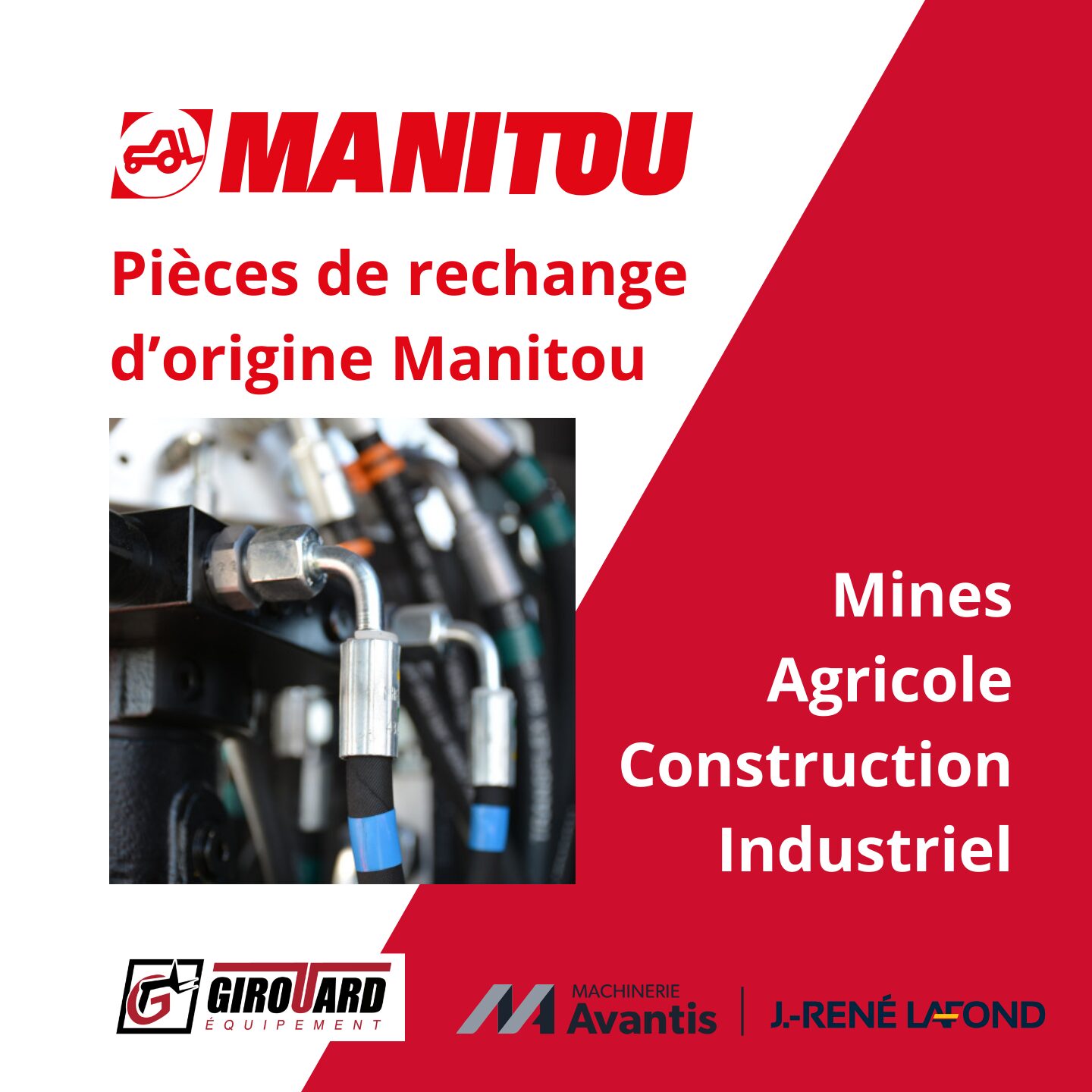 Publicité pour les pièces détachées d'origine Manitou, avec une photo de tuyaux et de connecteurs de machines. Le texte met en évidence les secteurs : mines, agriculture, construction, industrie. Logos pour Giroirard Equipment, Avantis, et J-René Lafond.