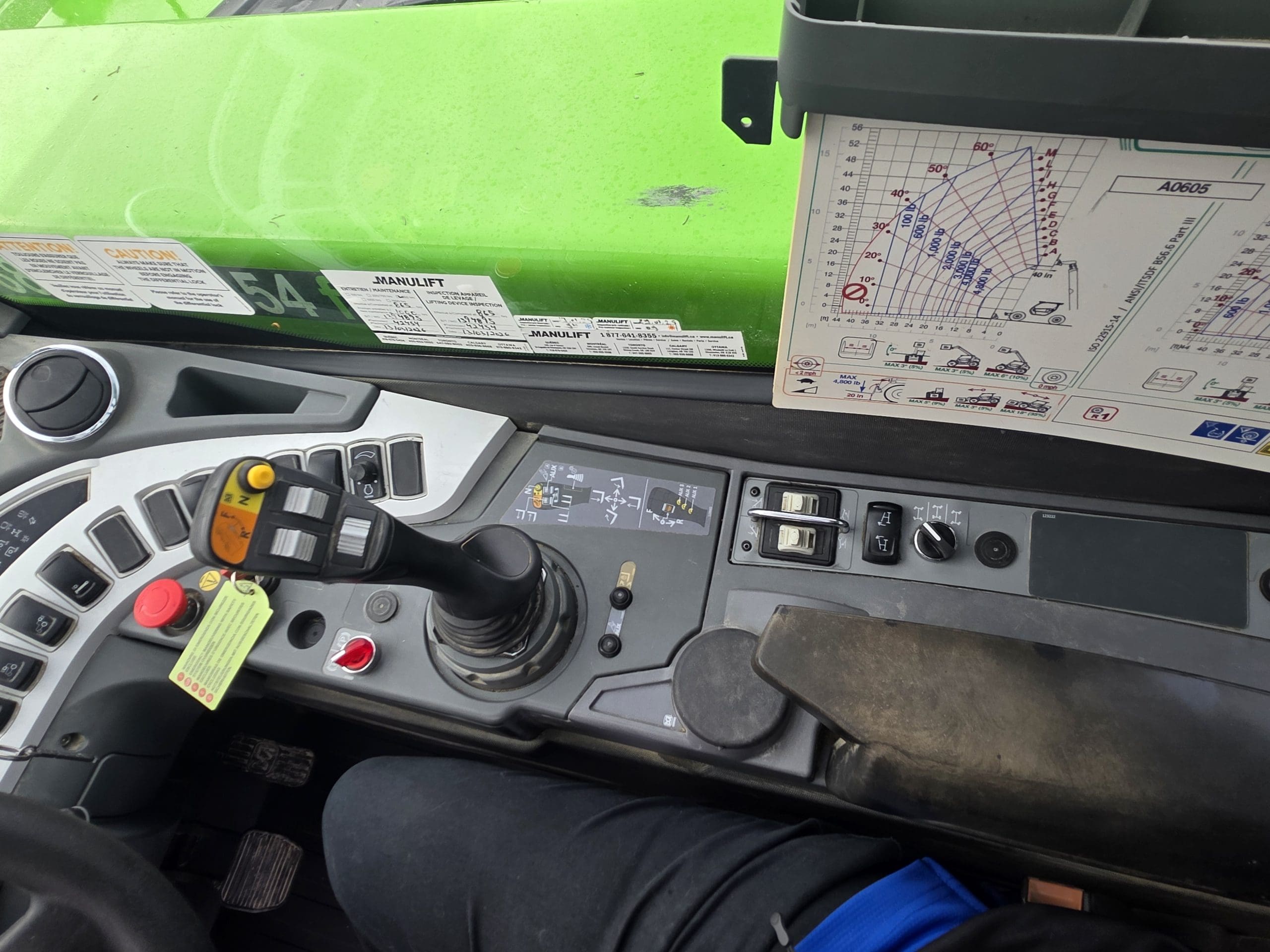 Gros plan sur le tableau de bord d'un véhicule, comportant divers boutons, un joystick, un écran numérique et des schémas d'instructions. On aperçoit une partie de la jambe et de la main d'une personne au bas de l'image.